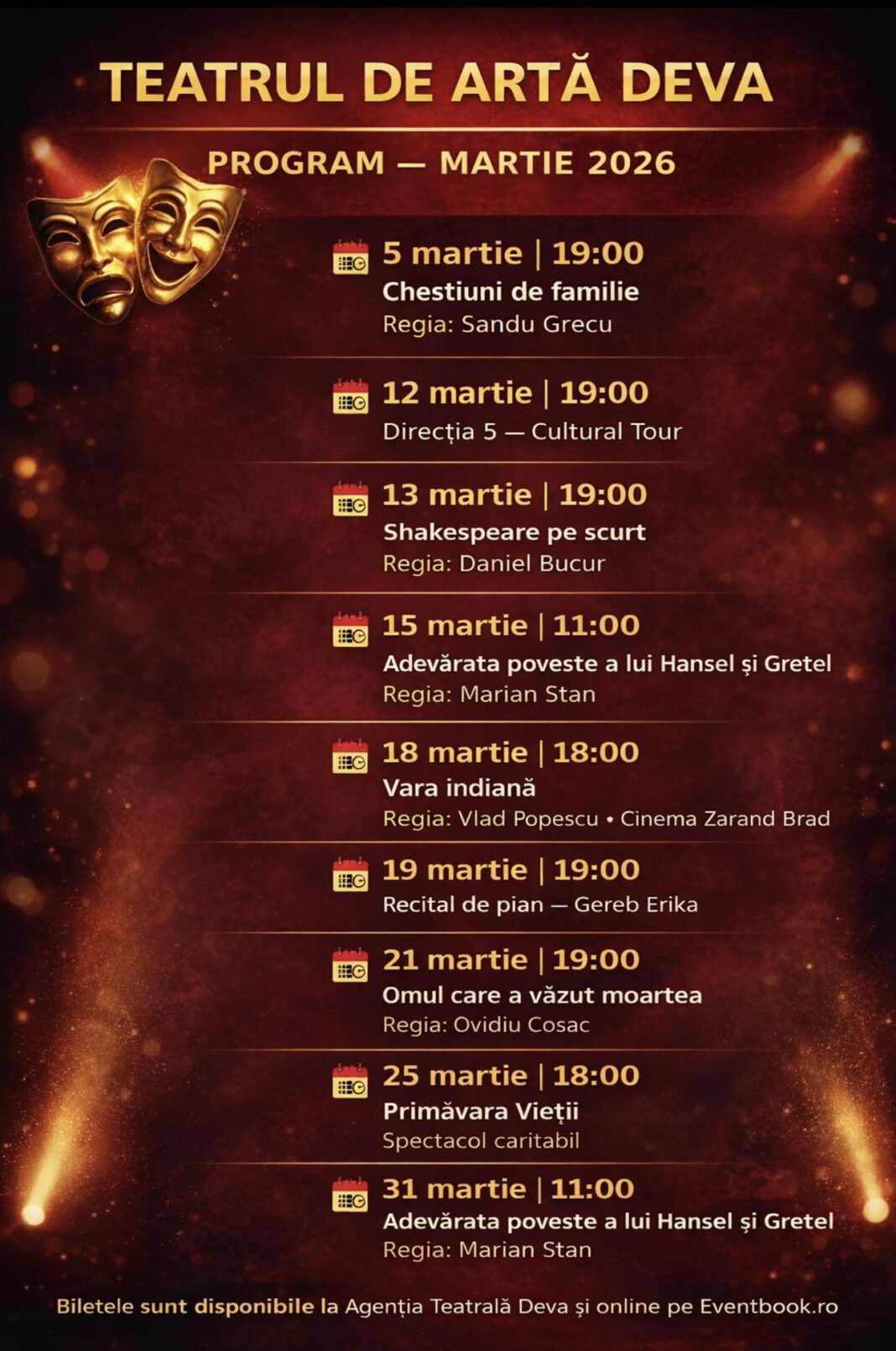 🎭 Programul în luna martie la Teatrul de Artă Deva