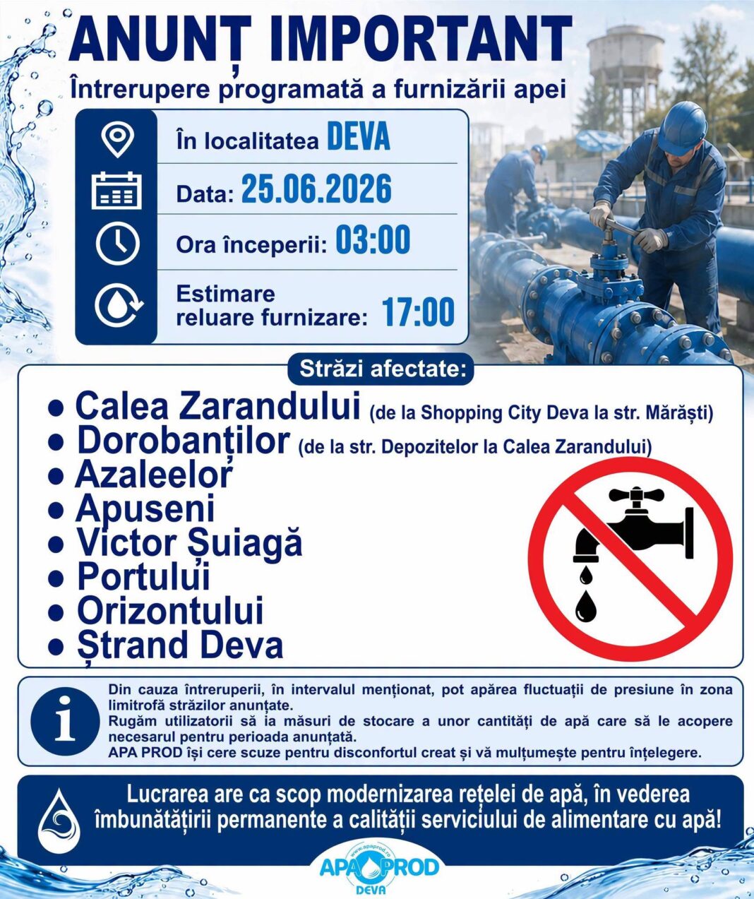 Furnizarea apei potabile este sistată joi, 25 iunie 2026, pe mai multe străzi din municipiul Deva!