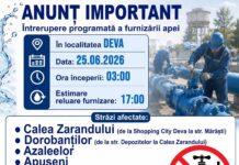 Furnizarea apei potabile este sistată joi, 25 iunie 2026, pe mai multe străzi din municipiul Deva!