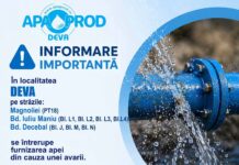 FURNIZAREA APEI ESTE SISTATĂ ASTĂZI, 22 IUNIE 2026, PE MAI MULTE STRĂZI DIN MUNICIPIUL DEVA!