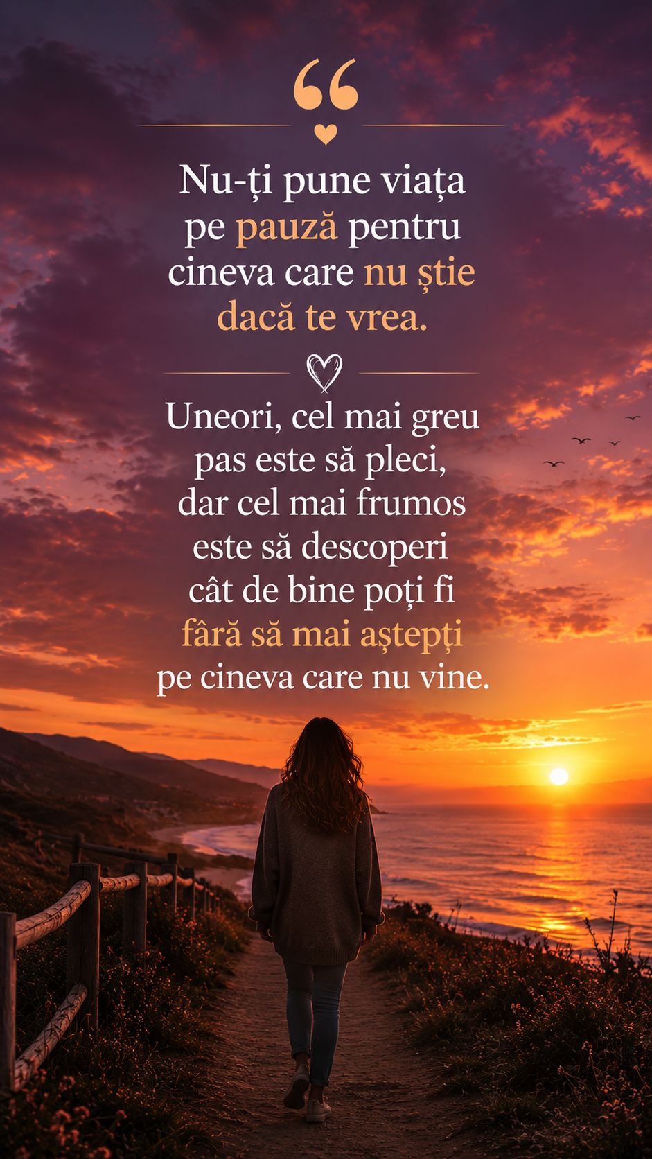 „Nu-ți pune viața pe pauză pentru cineva care nu știe dacă te vrea. Uneori, cel mai greu pas este să pleci, dar cel mai frumos este să descoperi cât de bine poți fi fără să mai aștepți pe cineva care nu vine.” 🤍