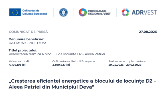 „Creșterea eficienței energetice a blocului de locuințe D2Aleea Patriei din Municipiul Deva”