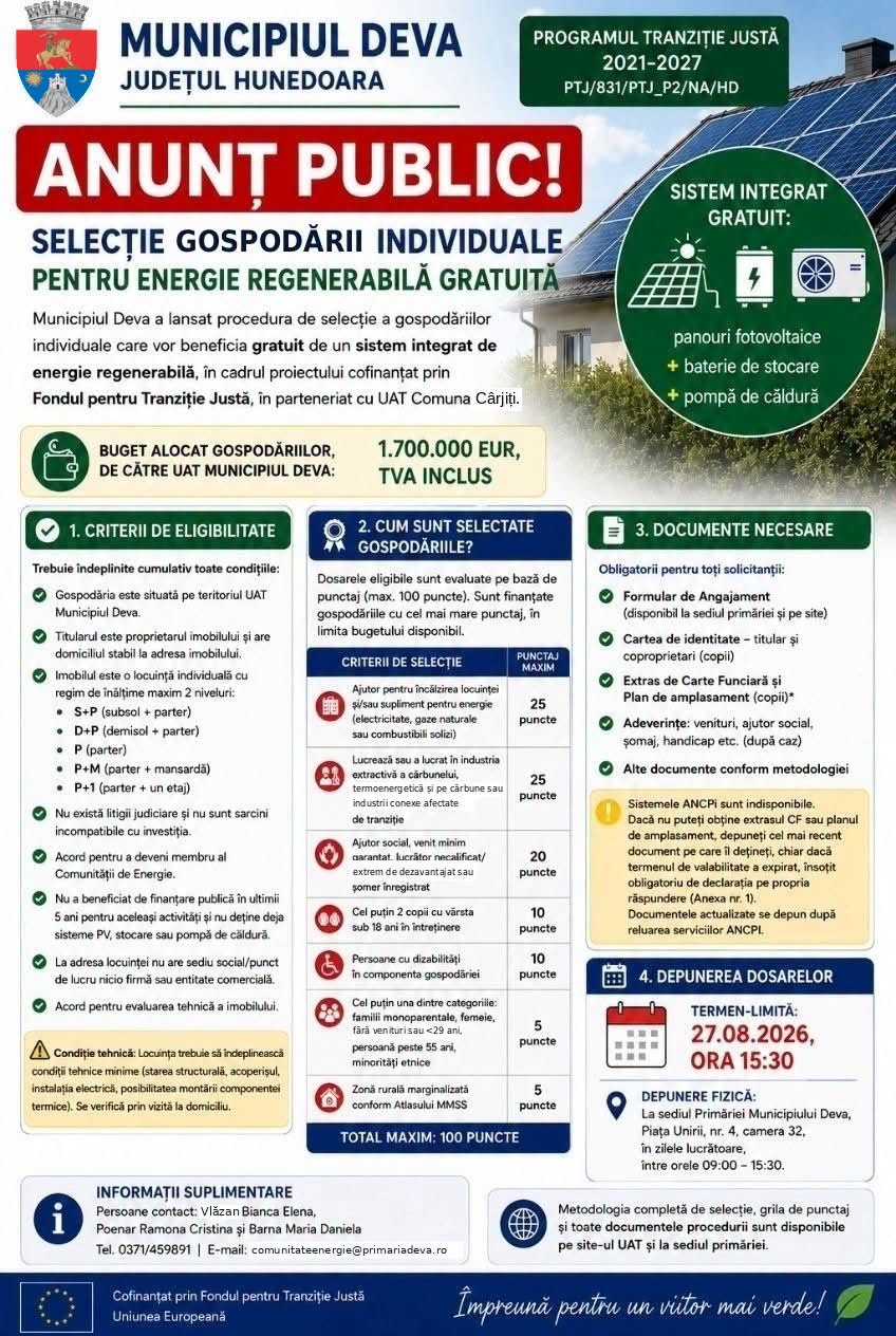 SELECȚIE GOSPODĂRII INDIVIDUALE PENTRU ENERGIE REGENERABILĂ GRATUITĂ