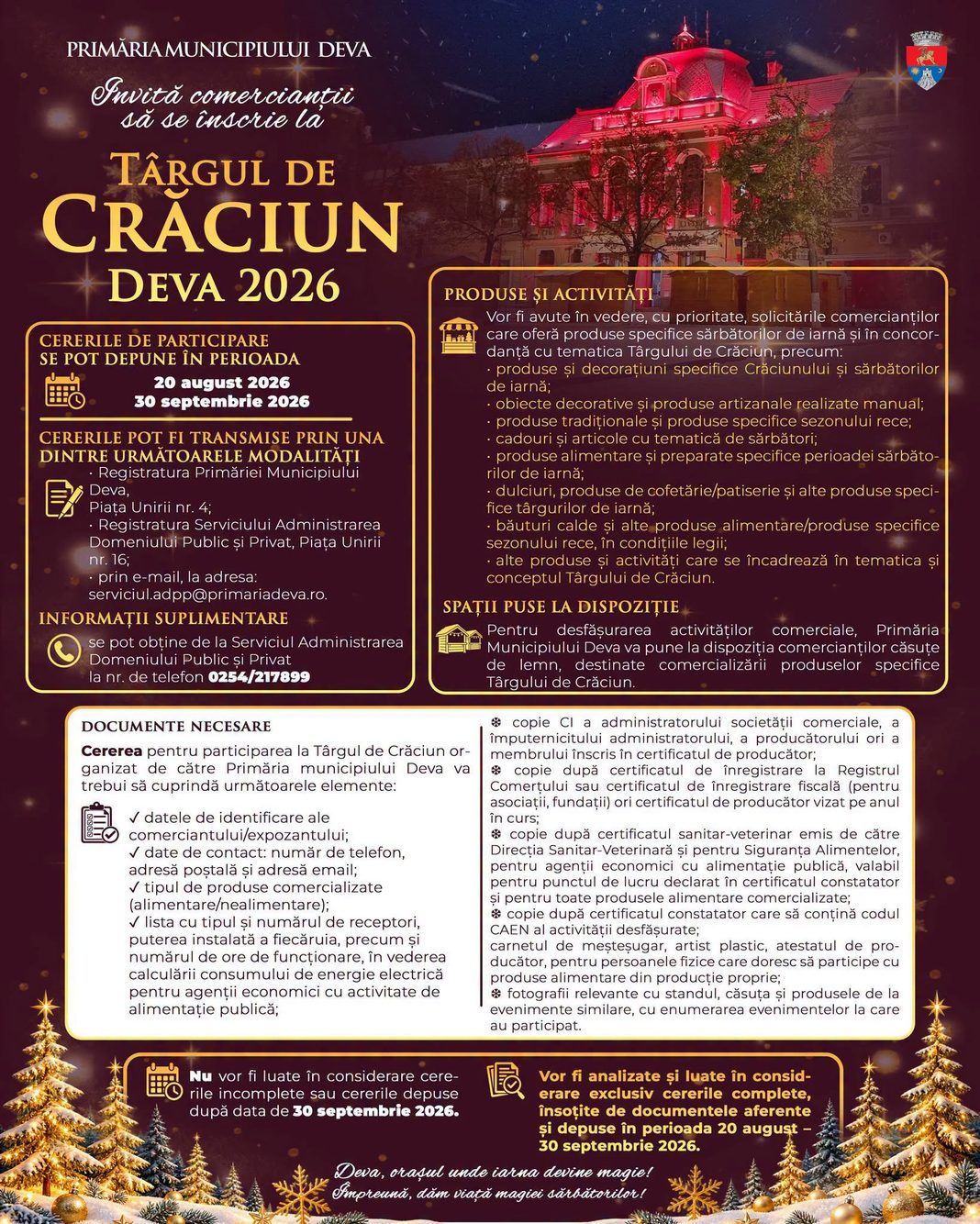 Târgul de Crăciun Deva 2026 își deschide porțile pentru comercianți! Cum se pot înscrie?