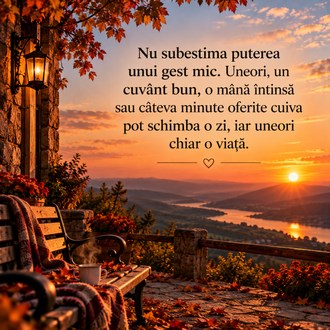 🌅 Citatul zilei – 19 octombrie 2026 – „Nu subestima puterea unui gest mic. Uneori, un cuvânt bun, o mână întinsă sau câteva minute oferite cuiva pot schimba o zi, iar uneori chiar o viață.” ❤️