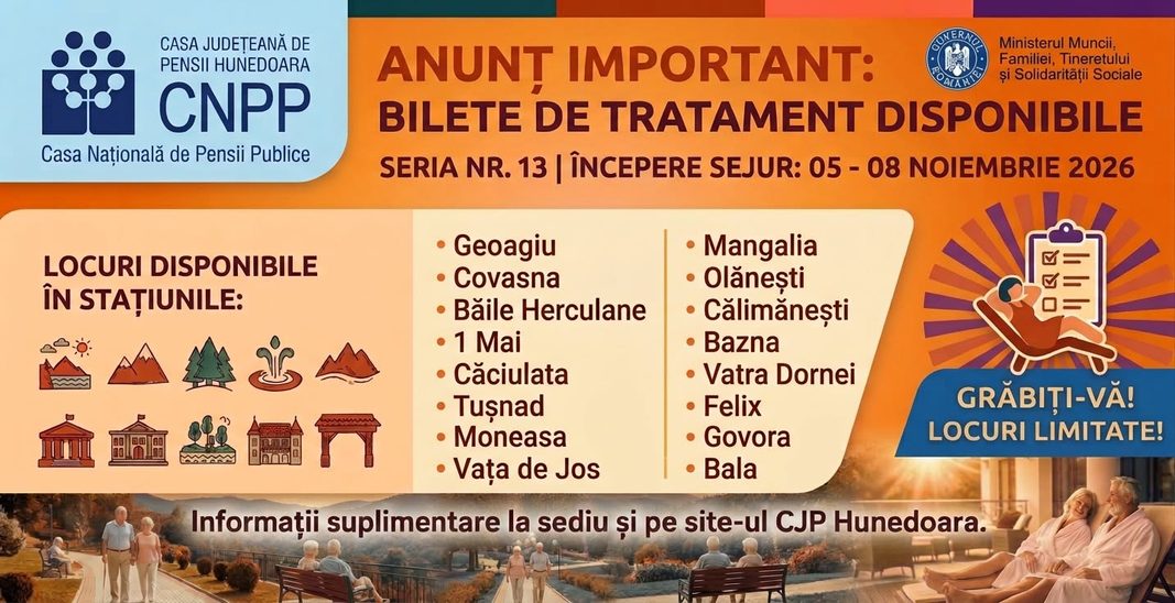 Bilete de tratament balnear pentru pensionarii din Hunedoara! Casa Județeană de Pensii anunță noi locuri disponibile în luna noiembrie
